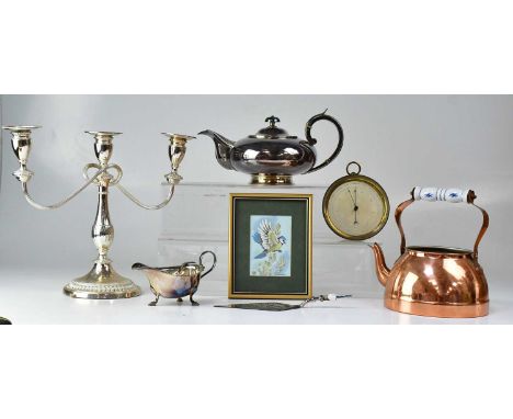 A brass cased wall-hanging marine aneroid barometer, together with silver-plated ware, copper teapot and a Cash's silk, frame