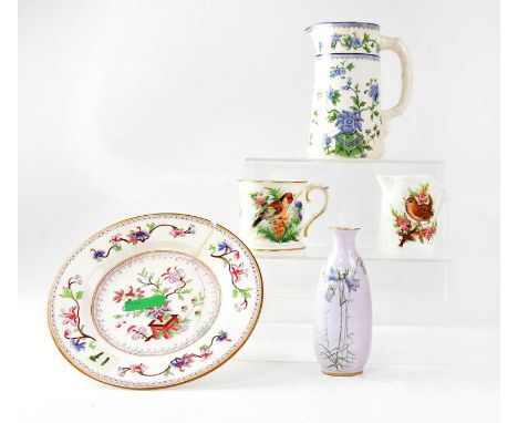 ROYAL WORCESTER; five pieces of porcelain, comprising a jug with blue peony decoration, a lilac ground vase with bell flowers