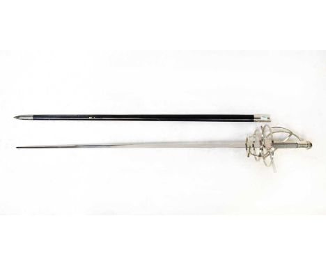 A re-enactment Medieval basket-hilted rapier, with 36.5" double-edged blade, openwork basket and wire-bound grip to shaped po