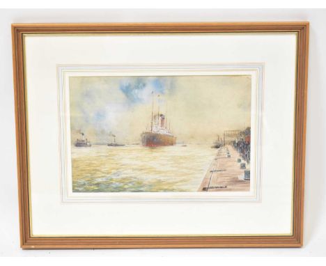 WILLIAM MINSHULL BIRCHALL (active 1900-1930); watercolour, 'The Arrival', maritime scene of a steamship arriving into dock ac