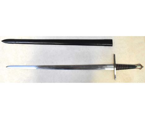 A re-enactment Medieval broad sword, with 32.5" double-edged fullered blade, straight crossguard and leather-bound grip to he