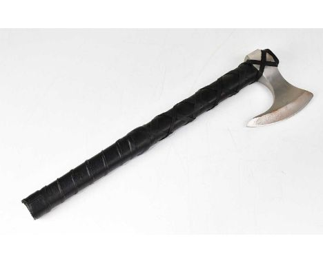 A re-enactment throwing axe with black leather sheath and leather-bound black ash handle, overall length 47cm.Condition Repor
