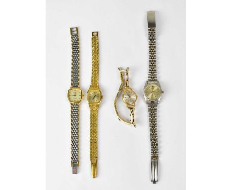 Four wristwatches comprising an Omega, the silvered dial set with baton numerals on 12ct rolled gold flexi strap, a Carvel qu
