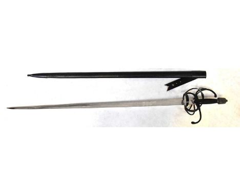 RAVEN FORGE; a 'Black Hilted Rapier', with 39" double-edged blade, openwork knuckle guard and wire-bound grip to turned metal