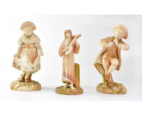 ROYAL WORCESTER; a pair of blush ivory figures, one playing a piccolo, the other dancing, with impressed marks and numbered t