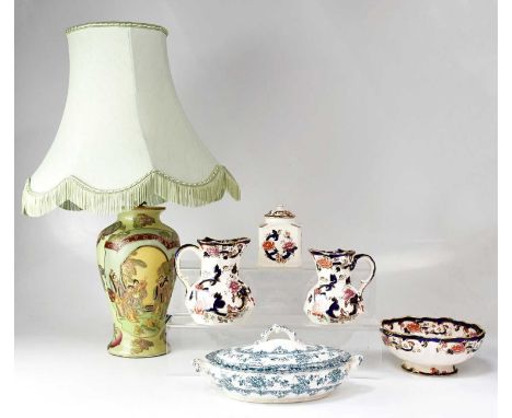 A small mixed lot of ceramics to include Mason's Ironstone 'Mandalay' pattern bowl, two graduated jugs and a square section l
