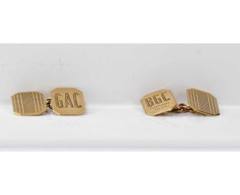 A pair of 9ct gold cufflinks, front with initials 'GAC', back with engine turned decoration, united by chain, length 1.6cm, a