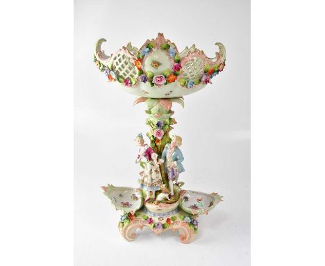 A 19th century style French porcelain table centre, the bowl with pierced lattice decoration and encrusted with flowers, on a