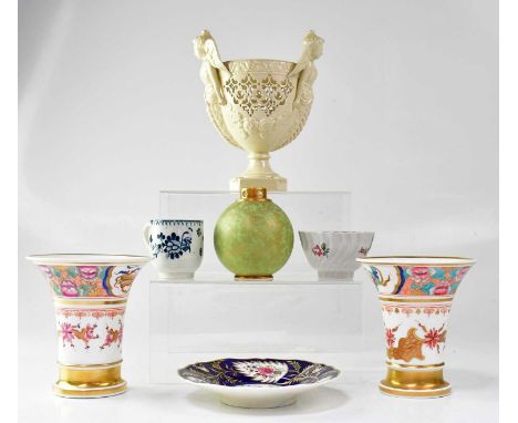 A small collection of ceramics comprising a pair of Spode trumpet-form vases, hand painted with floral decoration, a creamwar