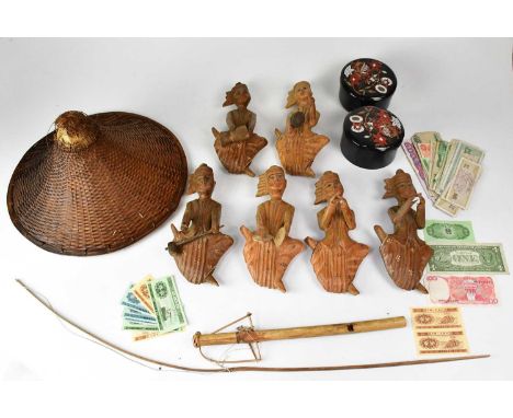 Six Burmese carved wooden figures of musicians, heights approx. 26cm, a carved wooden figure of a horse, height 28.5cm, a wov