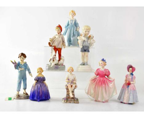 Five Royal Worcester Freda Doughty figures, comprising 'Sunshine', 'The Parakeet', 'Grandmother's Dress', 'November' and 'Mon