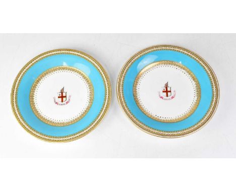 WORCESTER; a pair of Royal Porcelain Works Armorial plates, stamped 'Henry Green of 16 &amp; 17 King William Street, 138 Rege