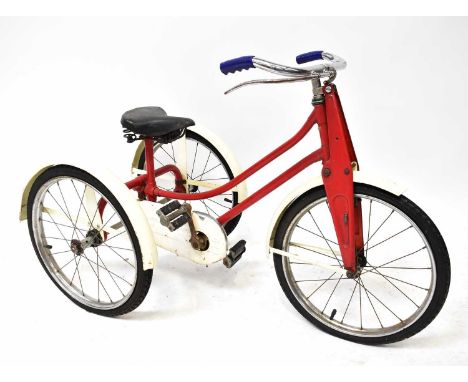 A circa 1950s Sunbeam Raleigh children's tricycle in red and white, unmarked.