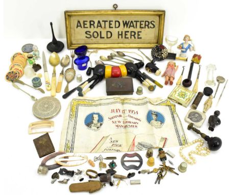 A quantity of various collectables comprising half dolls, compacts, hair slides, thimbles, cutlery, pipe, small miniature dol