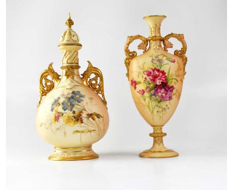 ROYAL WORCESTER; two blush ware twin-handled vases, one circa 1909, painted with carnations and English flowers, Islamic shap