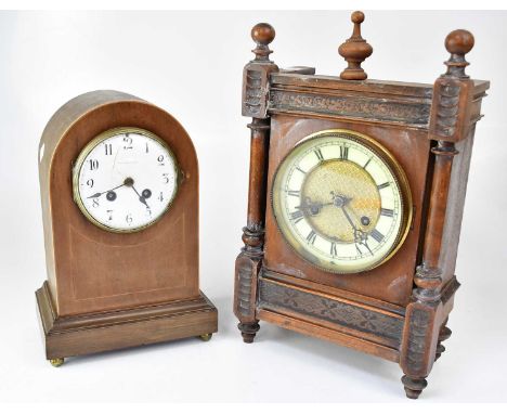 An Edwardian mahogany mantel clock, the enamelled dial set with Roman numerals, height 30cm, together with an Edwardian oak c