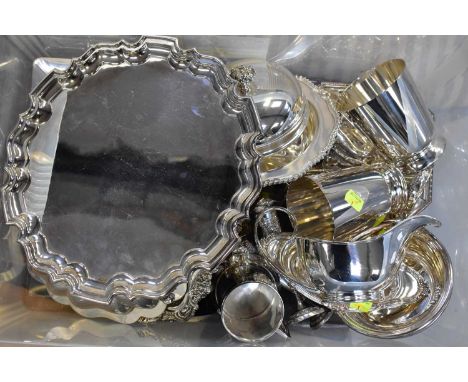 A quantity of silver and silver-plated items, comprising a pair of Continental trumpet-shaped vases with repoussé hunting sce