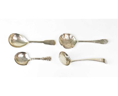 Three hallmarked silver caddy spoons and a hallmarked silver sifting spoon, various dates and makers, combined approx. 1.96oz