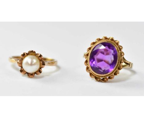 Two 9ct gold dress rings, one with amethyst-coloured stone, size J, the other with cultured pearl centre, size K, combined ap