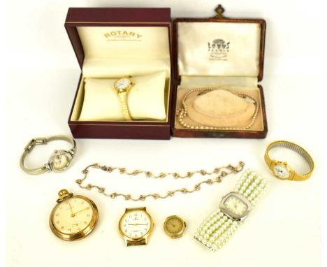 Various ladies' wristwatches to include a boxed Rotary example, three other wristwatches, one with simulated pearl bracelet, 
