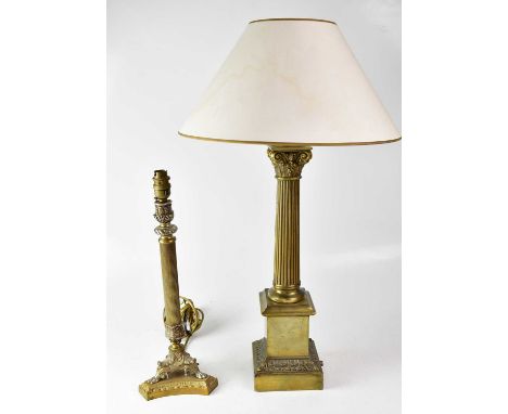 Four table lamps comprising a vintage Niam desk lamp, a silver-plated lamp converted from a candlestick, a brass column lamp 