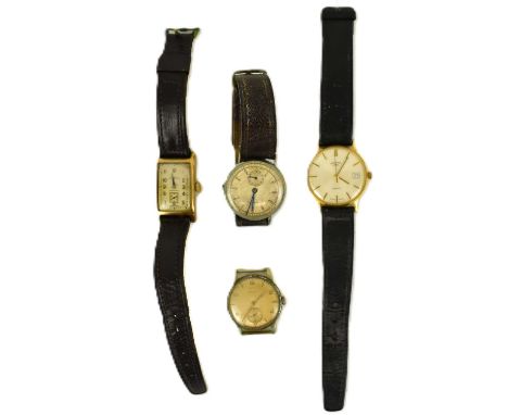 Four gentlemen's wristwatches including a Tavannes tank-style watch head, the silvered dial set with Arabic numerals and smal