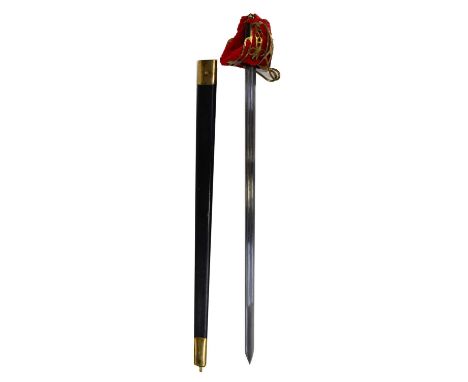 RAVEN FORGE; a Scottish basket hilt sword with 34" fullered blade, brass pierced knuckle guard with red velvet liner and wire