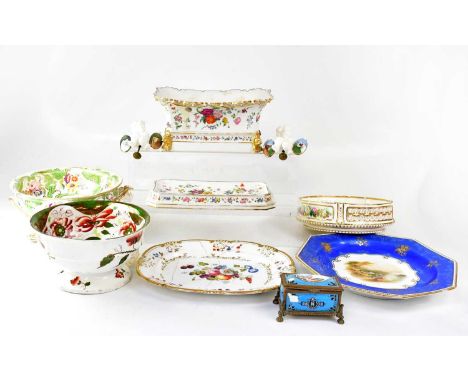 A small collection of 19th century porcelain items to include a Rihonet Paris hand-painted flower trough on a stand, a pair o