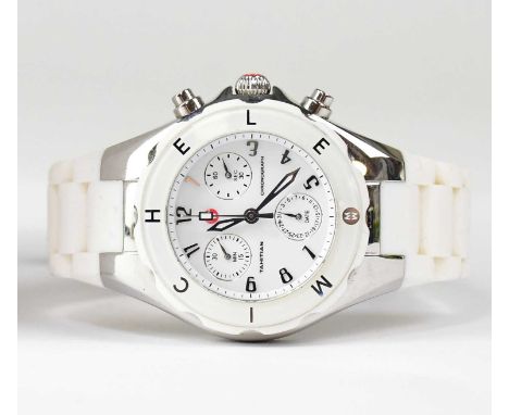 MICHELE; a ladies' Jelly Bean Tahitian chronograph wristwatch with white and stainless steel finish, with warranty card, inst