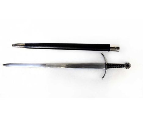 A re-enactment Gothic bastard sword, with 32" double-edged fullered blade, curved crossguard and wire-bound leather grip to t