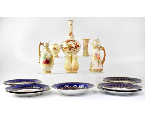 ROYAL WORCESTER; a collection of ceramics to include a jug with George Owen style reticulated pierced top, a jug, a three-sec