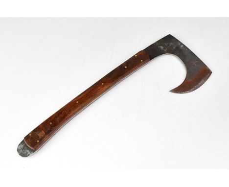 RAVEN FORGE; a hand forged throwing axe with brass pinned two-piece grip and leather sheath, overall length 48cm.Condition Re