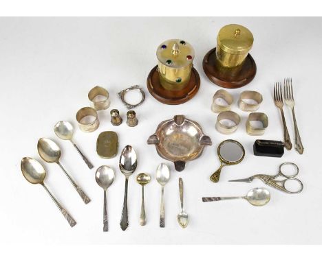 A small quantity of silver-plated cutlery, flatware and napkin rings, together with two planished pots, one inset with glass 