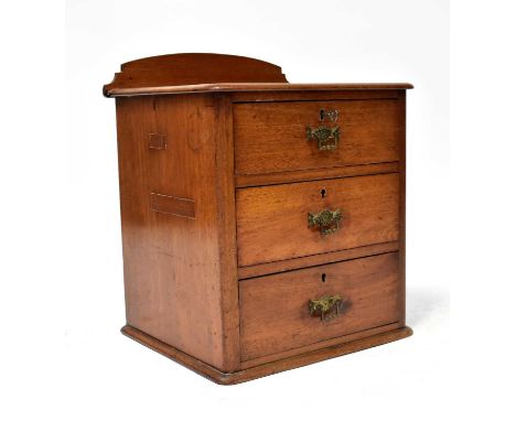 A late 19th/early 20th century mahogany apprentice tabletop chest of three drawers, on plinth base, 40.5 x 33.5 x 29cm.Condit