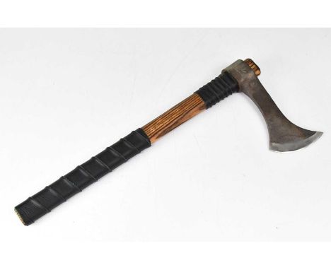 RAVEN FORGE; a 'Frank Thrower' axe with custom leather grip and sheath, overall length 48cm.Condition Report: - Please note t