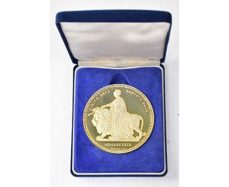A modern replica Queen Victoria £5 coin depicting Una and the Lion to one side, inscribed 'Dirige Deus Gressus Meos.' and dat