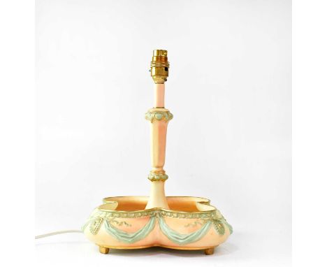 ROYAL WORCESTER; a blush ware lamp with quatrefoil bowl-shaped base in moulded swag decoration, with brown factory mark 'Spec