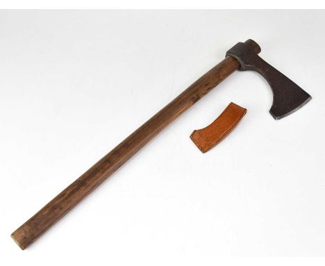 A re-enactment throwing axe with hand-stitched leather blade cover, overall length 61cm.Condition Report: - Please note that 