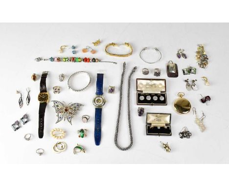 Various items of modern and vintage costume jewellery, including two cased sets of buttons and collar studs, a Swatch automat