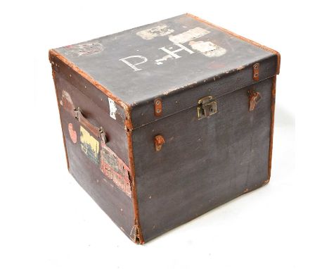 A mid/late 19th century Master Mariner's sea trunk, with various labels and initials 'P. H.' to the top, 53 x 61 x 55cm.Prove