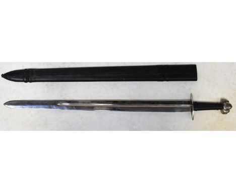 A re-enactment Medieval broad sword with 30" double-edged fullered blade, straight crossguard and leather-bound grip to shape