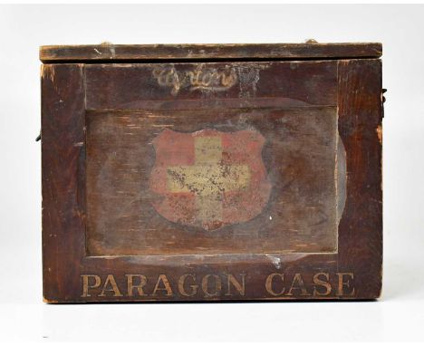 A circa 1920s Paragon wall-mounting wooden First Aid box, inscribed 'Paragon Case' to the front, with white cross within a re