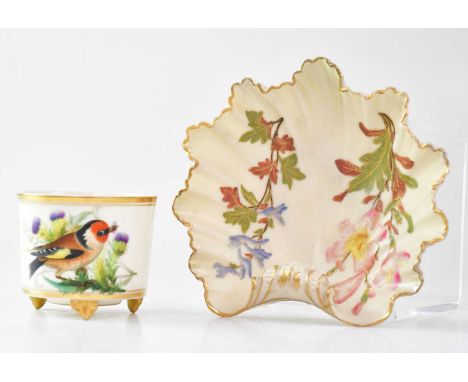 ROYAL WORCESTER; a hand-painted pot with image of a finch amongst thistles, raised on three feet, with green marks to base, h