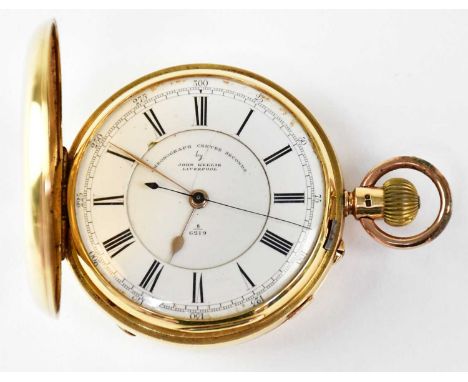 JOHN KELLIE FOR THOMAS RUSSELL; an 18ct gold crown wind full hunter, quart repeating chronograph, the white enamelled dial se