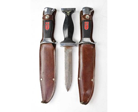 Two knives of the Royal and Military Order of Santiago, Spain, both in leather scabbards, length of blade 16.5cm, overall len