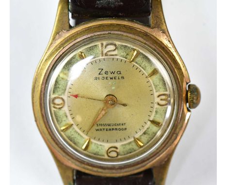 ZEWA; a vintage gentlemen's wristwatch with engine turned gold-coloured dial, numbers at 3, 6, 9 and 12 o'clock and baton mar