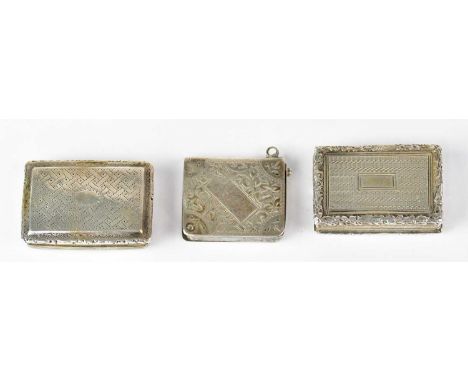Two George III silver vinaigrettes, one with engine turned decoration to the lid and blank cartouche, parcel gilt interior wi