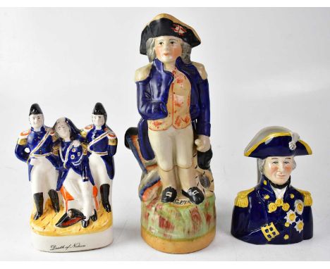 HORATIO NELSON; three pottery commemorative items comprising a 19th century Staffordshire flatback titled 'Death of Nelson', 