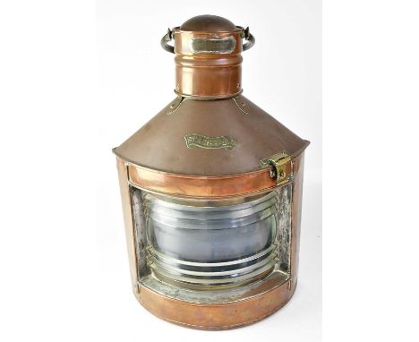 HMS FINTRAY; a large copper starboard ship's lantern with inner blue filter, name plate to the top funnel inscribed 'Fintray'