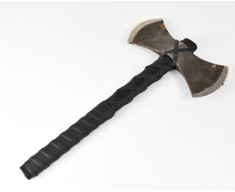 RAVEN FORGE; a blacked double bit throwing axe, with leather bound black ash handle and leather sheath, length 48cm.Condition